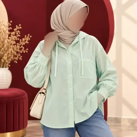 شومیز زنانه کلاهدار نخی کتان صابونی چهارفصل دکمهدار فری سایز