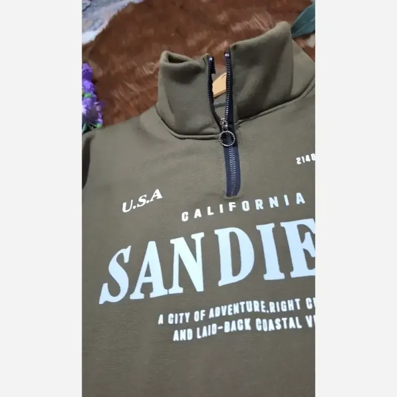 دورس نیم زیپ اسپرت زنانه پسرانه SANDIEGO جنس دورس سه نخ گرم بالا درجه یک رنگ مشکی و سبز زیتونی فری سایز - تصویر 9