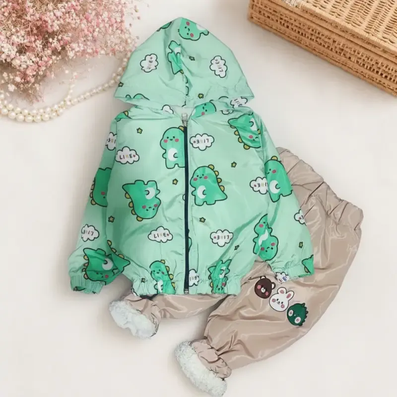 سوییشرت شلوار داخل خز ببعی طرح داینو سبز بچگانه