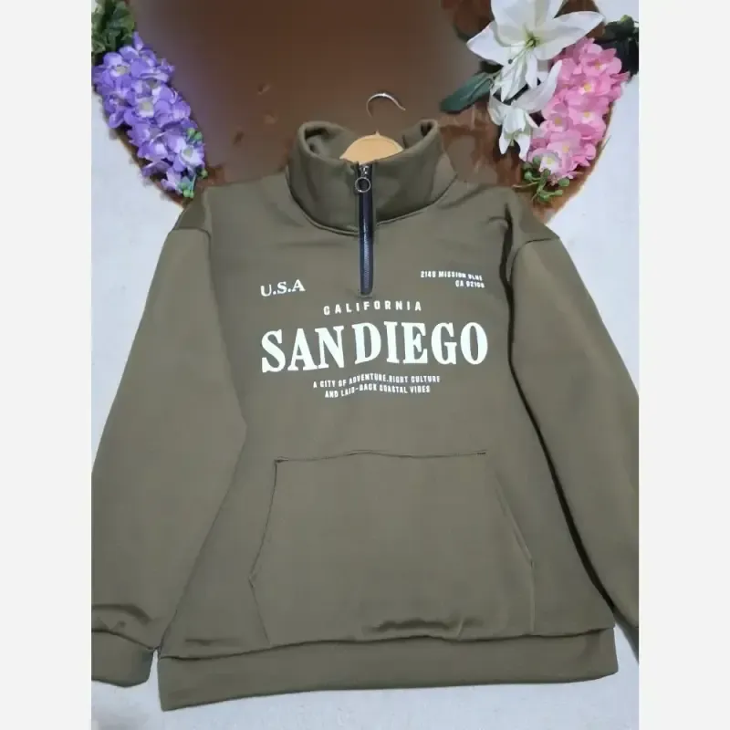 دورس نیم زیپ اسپرت زنانه پسرانه SANDIEGO جنس دورس سه نخ گرم بالا درجه یک رنگ مشکی و سبز زیتونی فری سایز - تصویر 13