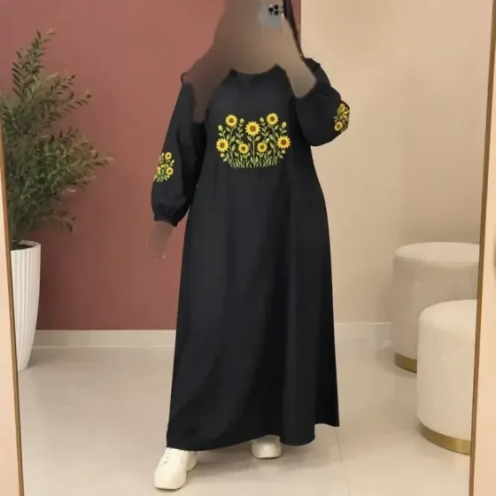 پیراهن ساحلی زنانه بلند لنین گلدوزی طرح آفتابگردان فری سایز