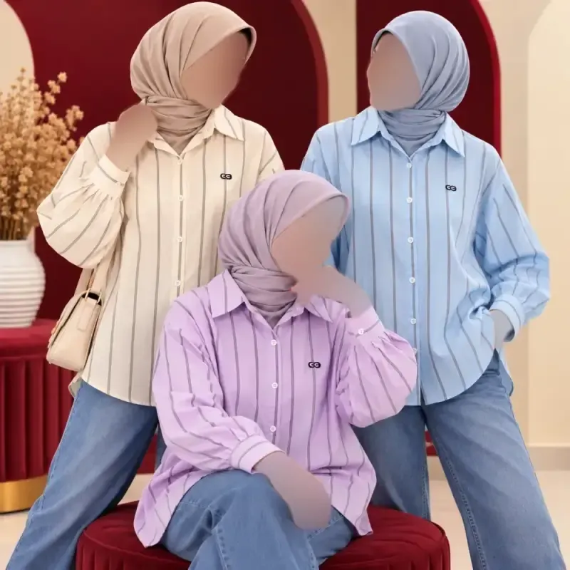 شومیز زنانه راه راه وارداتی دکمه دار فری سایز - تصویر 2