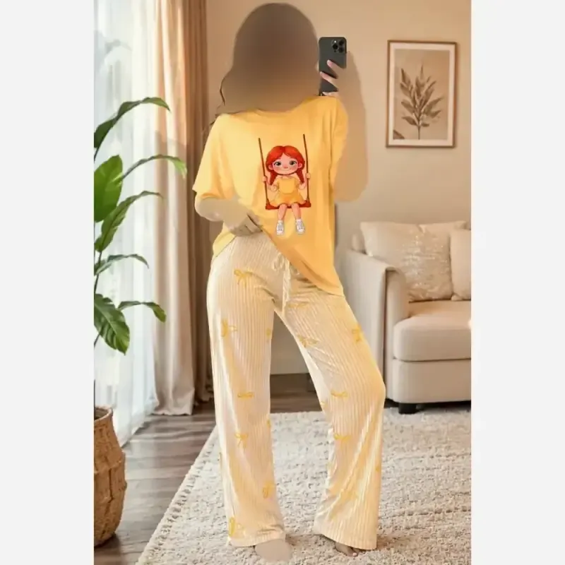 ست راحتی تیشرت و شلوار پاپیونی نخ پنبه و بوگاتی فری سایز 38 تا 46 - تصویر 6