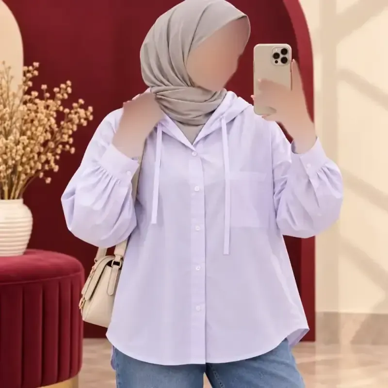 شومیز زنانه کلاهدار نخی کتان صابونی چهارفصل دکمهدار فری سایز - تصویر 3