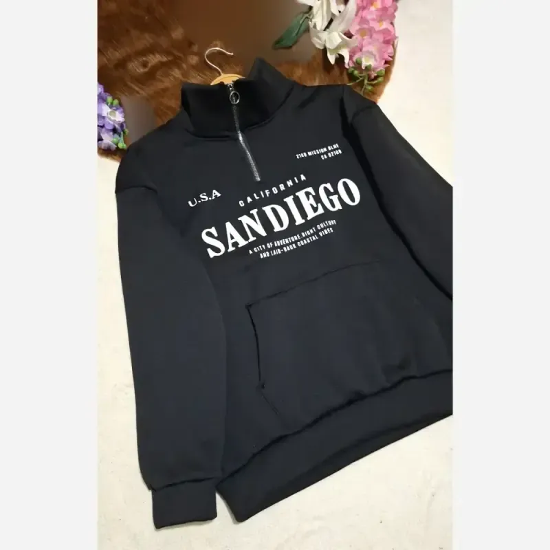دورس نیم زیپ اسپرت زنانه پسرانه SANDIEGO جنس دورس سه نخ گرم بالا درجه یک رنگ مشکی و سبز زیتونی فری سایز - تصویر 11