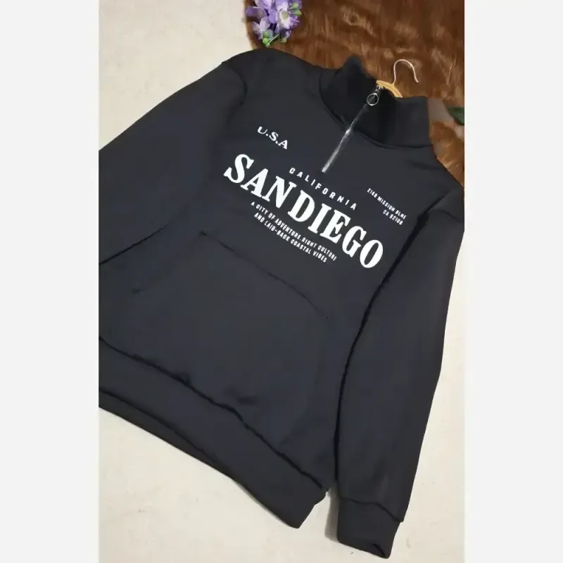 دورس نیم زیپ اسپرت زنانه پسرانه SANDIEGO جنس دورس سه نخ گرم بالا درجه یک رنگ مشکی و سبز زیتونی فری سایز - تصویر 5