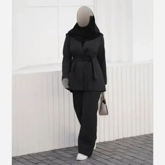 کت شلوار زنانه مدل بیتا جنس دیپلمات پرشیا کمربند دار رنگ بندی مشکی سرمه ای طوسی