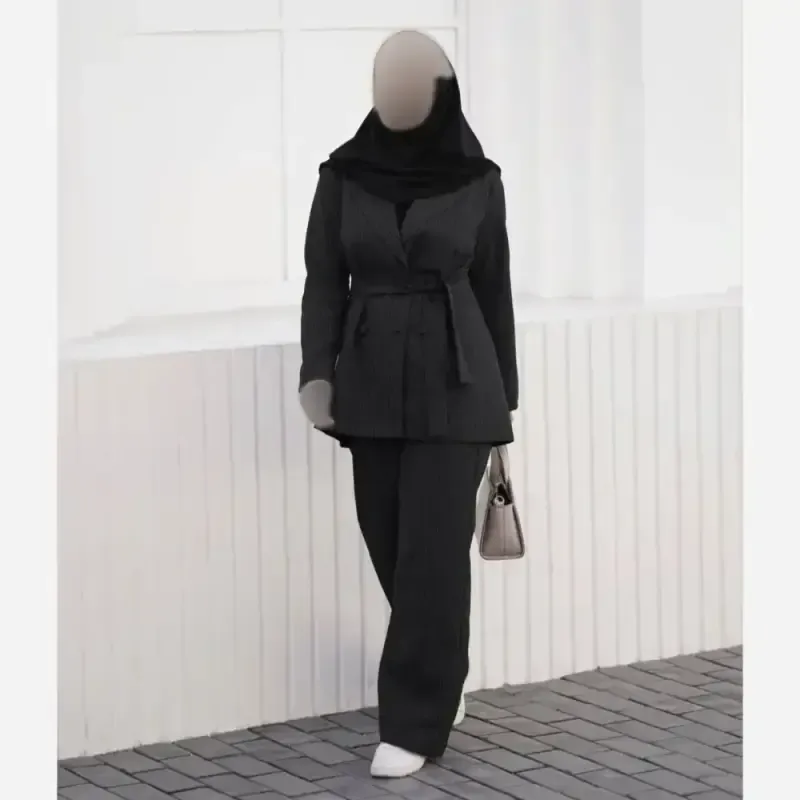 کت شلوار زنانه مدل بیتا جنس دیپلمات پرشیا کمربند دار رنگ بندی مشکی سرمه ای طوسی
