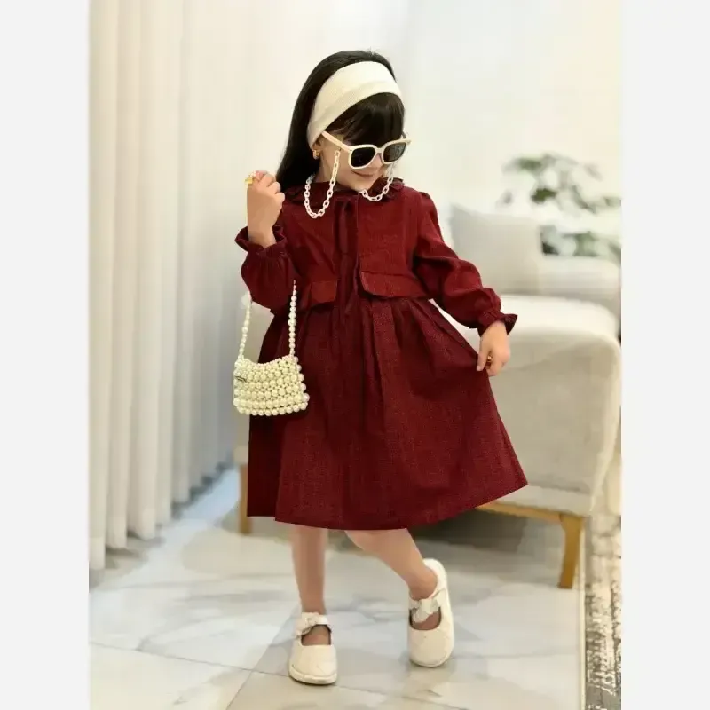 کت و سارافون دخترانه مخمل کبریتی و کتان تافته زرشکی سایز 2 تا 9 سال - تصویر 3
