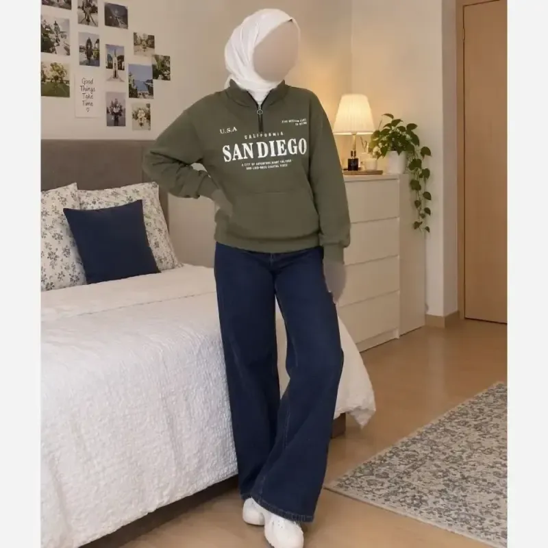 دورس نیم زیپ اسپرت زنانه پسرانه SANDIEGO جنس دورس سه نخ گرم بالا درجه یک رنگ مشکی و سبز زیتونی فری سایز - تصویر 3