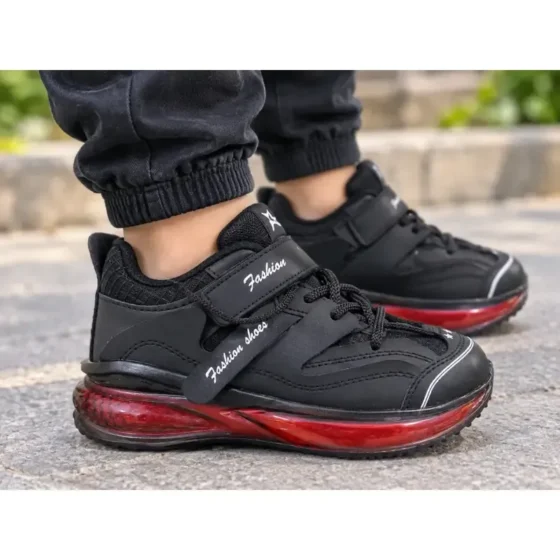 کفش اسپرت بچگانه پسرانه دخترانه مشکی قرمز چسبکی زیره پیو نرم سایز 31 تا 35