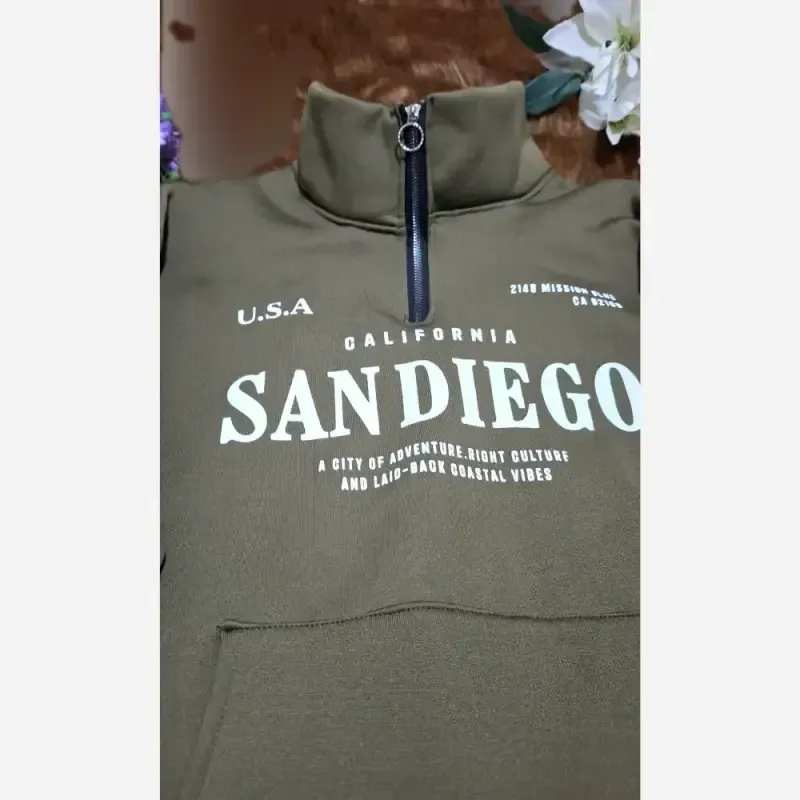 دورس نیم زیپ اسپرت زنانه پسرانه SANDIEGO جنس دورس سه نخ گرم بالا درجه یک رنگ مشکی و سبز زیتونی فری سایز - تصویر 12