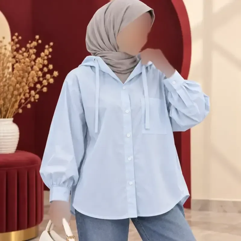 شومیز زنانه کلاهدار نخی کتان صابونی چهارفصل دکمهدار فری سایز - تصویر 5