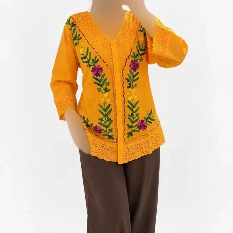 بلوز گلدوزی زنانه یقه هفت آستین سه ربع جنس نخ وارداتی سایز 38 تا 54 - تصویر 3