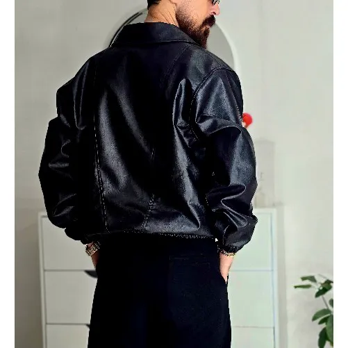 کاپشن مردانه چرم مصنوعی مشکی پایین کش وارداتی سایز L تا 2XL - تصویر 2